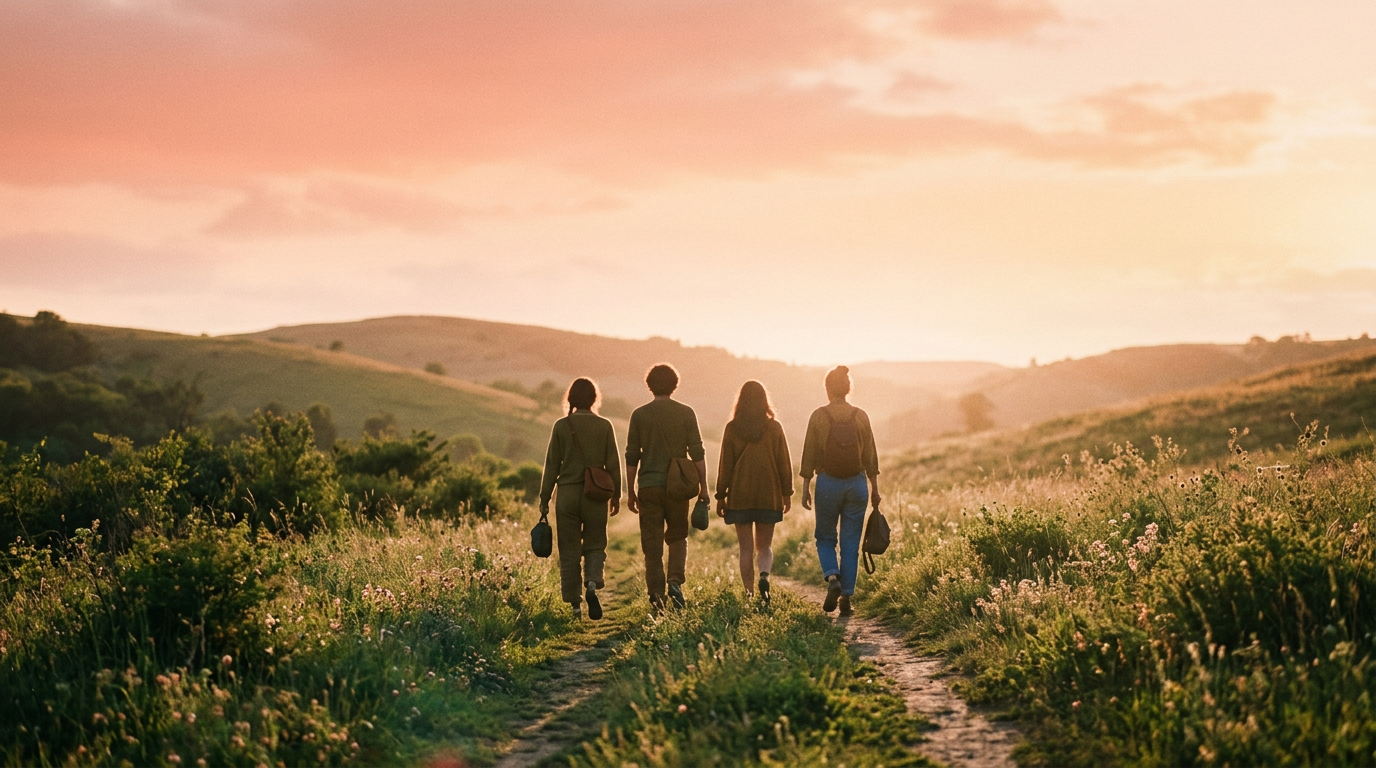 People walking a sunlit path together